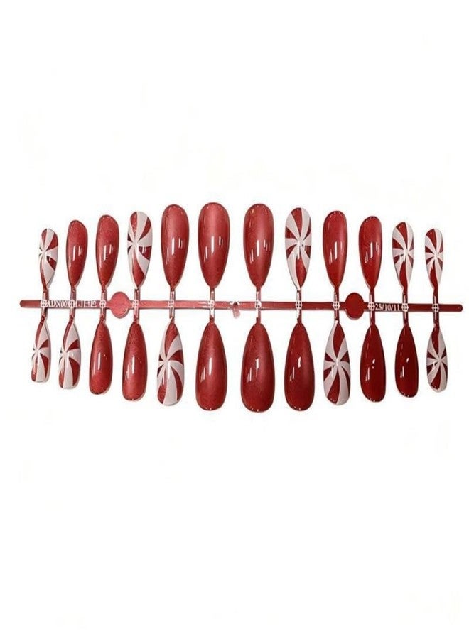 Sevgob Christmas Press on Nails Medium Almond Nails Press on with Cute Candy Design Glossy Red Glitter Glue on Nails Cat Eye False Nail Reusable Full Cover Winter Xmas Fake Nail for Women Manicure 24Pcs - Image 5